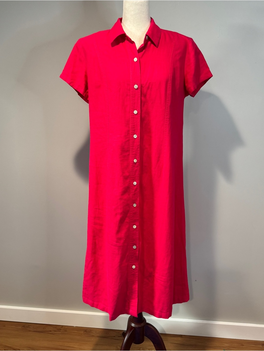 Talbots Hot Pink Linen Rayon Short Sleeve Shirt Dress Midi Coastal Resort 12P